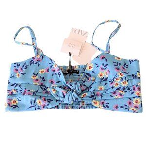 NWT ZARA Blue floral crop top bra smocked back adjustable straps sz Medium